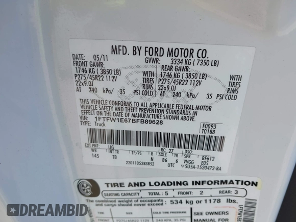 2011 Ford F-150 Lariat with VIN 1FTFW1E67BFB89628, listed as a IAAI auction lot 41910497 with 139,644 mi miles. Bid and sale history available at carsss.com. Image 9.