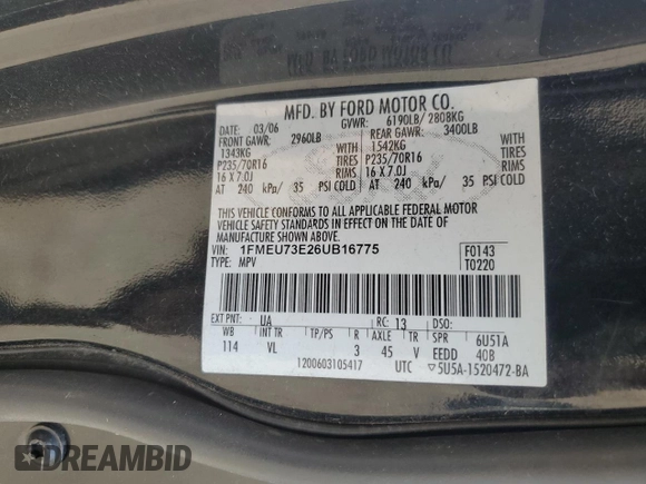 2006 Ford Explorer XLT z VIN 1FMEU73E26UB16775, wystawiony jako Copart lot #54135505 z przebiegiem 190 947 mil mil oraz Szkoda całkowita • Salvage title. Historia ofert i sprzedaży dostępna na DreamBid. Obrazek 13.