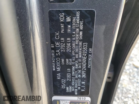 2022 Kia Forte LXS with VIN 3KPF24AD4NE495833, listed as a Copart auction lot 53064765 with 45,442 mi miles and Salvage Title. Bid and sale history available at carsss.com. Image 13.