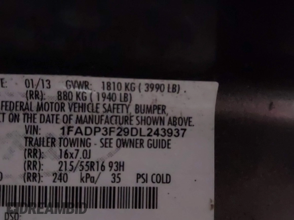 2013 Ford Focus SE with VIN 1FADP3F29DL243937, listed as a IAAI auction lot 42145911 with 90,376 mi miles and . Bid and sale history available at DreamBid. Image 9.