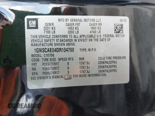 2013 Chevrolet Tahoe LS with VIN 1GNSCAE04DR104790, listed as a IAAI auction lot 42225652 with 119,948 mi miles and . Bid and sale history available at DreamBid. Image 9.