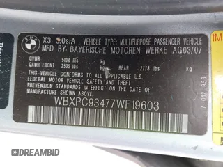 2007 BMW X3 3.0si with VIN WBXPC93477WF19603, listed as a IAAI auction lot 42055954 with 262,051 mi miles and . Bid and sale history available at DreamBid. Image 9.