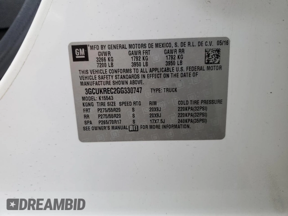 2016 Chevrolet Silverado 1500 LT with VIN 3GCUKREC2GG330747, listed as a Copart auction lot 53836865 with 96,228 mi miles and Clean Title. Bid and sale history available at DreamBid. Image 12.