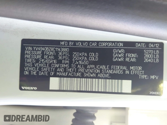 2012 Volvo XC70 3.2L with VIN YV4940BZ8C1143880, listed as a IAAI auction lot 41443930 with 221,467 mi miles and . Bid and sale history available at DreamBid. Image 9.