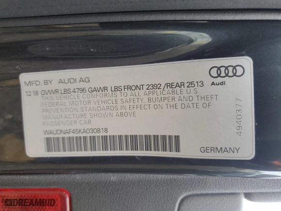 2019 Audi A4 Premium with VIN WAUDNAF45KA030818, listed as a Copart auction lot 53670475 with 55,800 mi miles and Salvage Title. Bid and sale history available at carsss.com. Image 12.