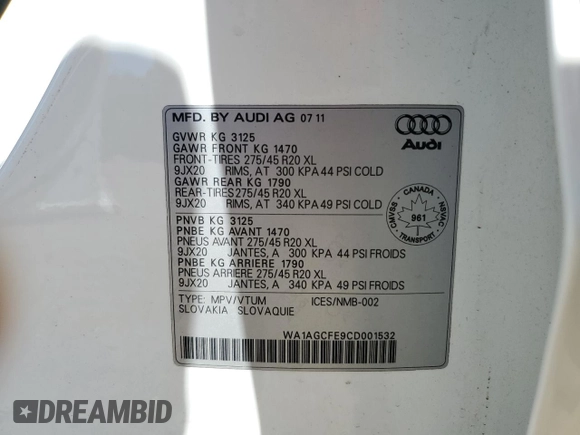 2012 Audi Q7 with VIN WA1AGCFE9CD001532, listed as a Copart auction lot 60097715 with Not provided miles and Salvage title. Bid and sale history available at DreamBid. Image 14.