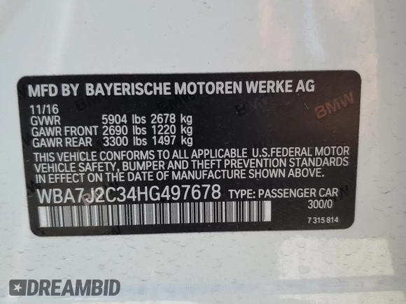 2017 BMW 7 Series 740e xDrive iPerformance with VIN WBA7J2C34HG497678, listed as a Copart auction lot 55715124 with 40,852 mi miles. Bid and sale history available at carsss.com. Image 12.