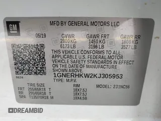 2019 Chevrolet Traverse LT z VIN 1GNERHKW2KJ305953, wystawiony jako IAAI lot #42064913 z przebiegiem 104 200 mil mil oraz . Historia ofert i sprzedaży dostępna na DreamBid. Obrazek 9.
