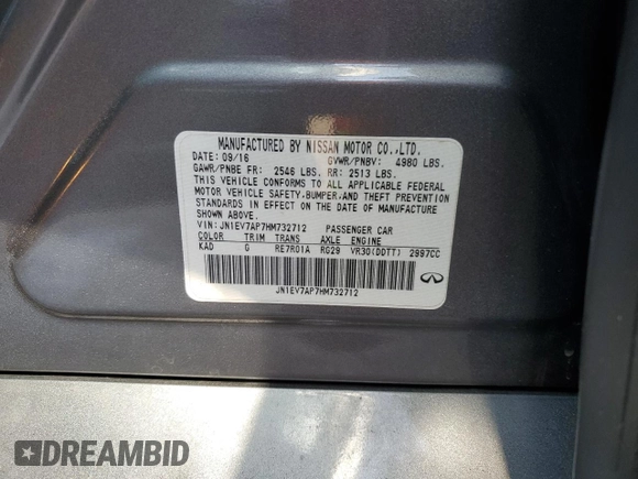 2017 Infiniti Q50 Premium with VIN JN1EV7AP7HM732712, listed as a Copart auction lot 44122965 with 85,549 mi miles and Salvage title. Bid and sale history available at DreamBid. Image 14.