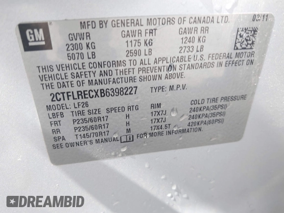 2011 GMC Terrain SLE-1 with VIN 2CTFLRECXB6398227, listed as a IAAI auction lot 42121688 with 209,549 mi miles and . Bid and sale history available at DreamBid. Image 9.