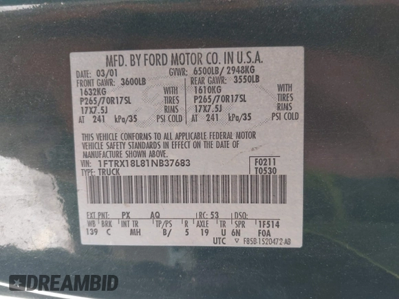 2001 Ford F-150 XL с VIN 1FTRX18L81NB37683, выставлен на аукционе IAAI как лот 42400199 с пробегом Не указан миль и . История ставок и продаж доступна на DreamBid. Изображение 9.