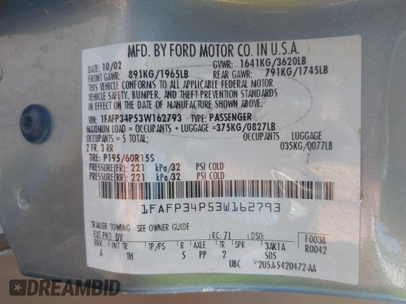 2003 Ford Focus SE with VIN 1FAFP34P53W162793, listed as a IAAI auction lot 42385636 with Not provided miles and . Bid and sale history available at DreamBid. Image 9.
