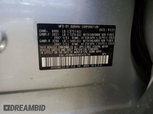2021 Subaru Ascent Premium с VIN 4S4WMAHD0M3436794, выставлен на аукционе Copart как лот 55692365 с пробегом 51 712 миль миль и Списание • Salvage title. История ставок и продаж доступна на DreamBid. Изображение 13.