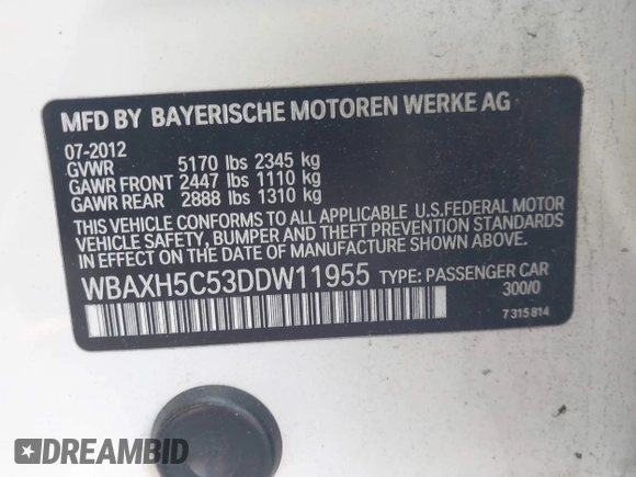 2013 BMW 5 Series 528i xDrive с VIN WBAXH5C53DDW11955, выставлен на аукционе IAAI как лот 42601785 с пробегом 147 925 миль миль и . История ставок и продаж доступна на DreamBid. Изображение 9.