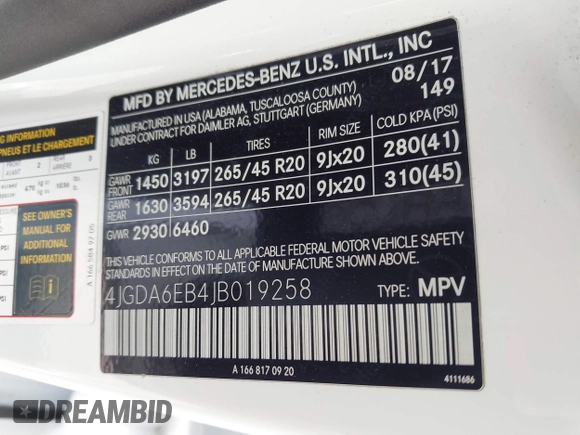 2018 Mercedes-Benz GLE 43 AMG with VIN 4JGDA6EB4JB019258, listed as a IAAI auction lot 42032969 with 123,163 mi miles and . Bid and sale history available at DreamBid. Image 9.