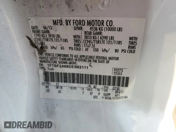 2013 Ford F-250 XL with VIN 1FTBF2A68DEB82111, listed as a Copart auction lot 80050794 with 154,577 mi miles and Clean Title. Bid and sale history available at DreamBid. Image 13.