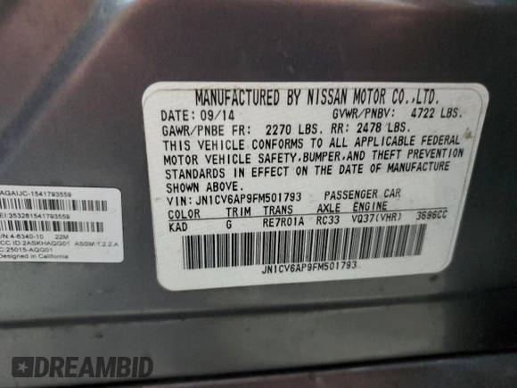 2015 Infiniti Q40 with VIN JN1CV6AP9FM501793, listed as a Copart auction lot 85022104 with Not Provided miles and Salvage Title. Bid and sale history available at carsss.com. Image 12.