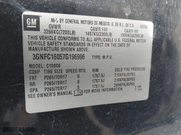 2007 Chevrolet Suburban LT with VIN 3GNFC16057G196996, listed as a IAAI auction lot 41631144 with 1 mi miles. Bid and sale history available at carsss.com. Image 9.