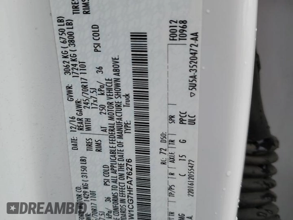 2017 Ford F-150 XL с VIN 1FTEW1CG7HFA76276, выставлен на аукционе Copart как лот 59383775 с пробегом 206 750 миль миль и Списание • Salvage title. История ставок и продаж доступна на DreamBid. Изображение 12.