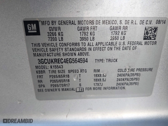 2014 Chevrolet Silverado 1500 LT with VIN 3GCUKREC4EG564594, listed as a IAAI auction lot 41957255 with 78,606 mi miles. Bid and sale history available at carsss.com. Image 9.