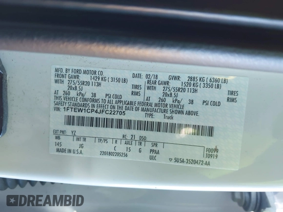 2018 Ford F-150 XL with VIN 1FTEW1CP4JFC22705, listed as a IAAI auction lot 41330404 with 179,918 mi miles. Bid and sale history available at carsss.com. Image 9.