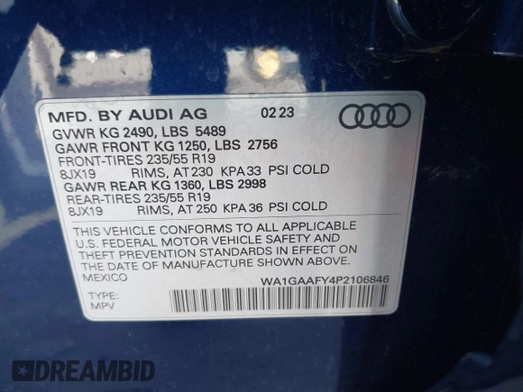 2023 Audi Q5 S line Premium with VIN WA1GAAFY4P2106846, listed as a IAAI auction lot 40960501 with 17,830 mi miles. Bid and sale history available at carsss.com. Image 9.