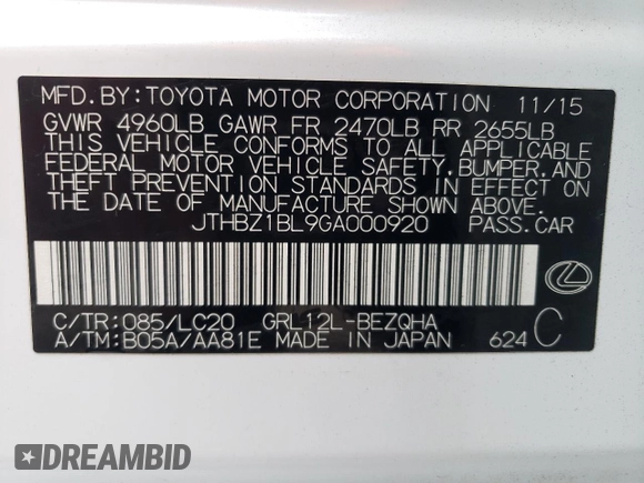 2016 Lexus GS 350 with VIN JTHBZ1BL9GA000920, listed as a Copart auction lot 36905094 with 80,822 mi miles. Bid and sale history available at carsss.com. Image 13.