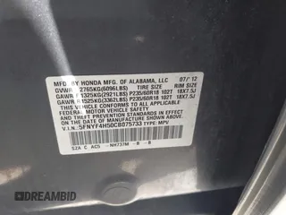 2012 Honda Pilot EX-L z VIN 5FNYF4H50CB075733, wystawiony jako IAAI lot #42222030 z przebiegiem 178 054 mil mil oraz . Historia ofert i sprzedaży dostępna na DreamBid. Obrazek 9.