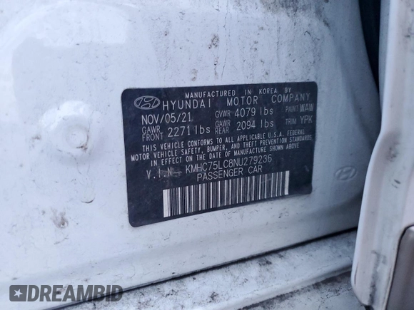 2022 Hyundai Ioniq SE z VIN KMHC75LC8NU279236, wystawiony jako Copart lot #84255724 z przebiegiem 102 850 mil mil oraz Szkoda całkowita • Salvage title. Historia ofert i sprzedaży dostępna na DreamBid. Obrazek 12.