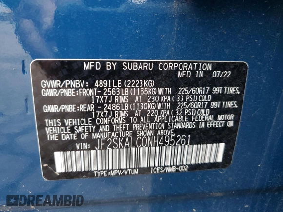 2022 Subaru Forester Wilderness with VIN JF2SKALC0NH495261, listed as a Copart auction lot 57078315 with 19,825 mi miles and Salvage title. Bid and sale history available at DreamBid. Image 12.