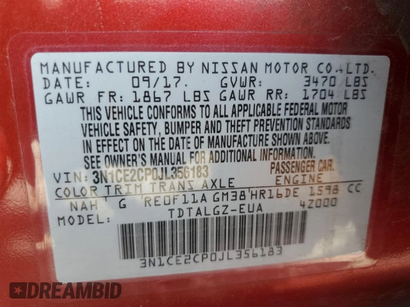 2018 Nissan Note SV with VIN 3N1CE2CP0JL356183, listed as a Copart auction lot 54923795 with 70,545 mi miles and Salvage title. Bid and sale history available at DreamBid. Image 12.