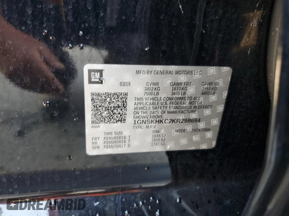 2019 Chevrolet Suburban LT with VIN 1GNSKHKC2KR298694, listed as a Copart auction lot 71160314 with 251,709 mi miles and Clean Title. Bid and sale history available at DreamBid. Image 13.