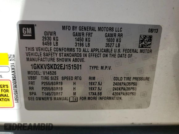 2014 GMC Acadia SLT with VIN 1GKKVSKD2EJ151501, listed as a Copart auction lot 51922775 with 113,051 mi miles and Salvage Title. Bid and sale history available at carsss.com. Image 13.
