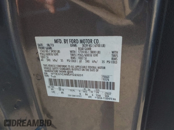 2013 Ford F-150 XL with VIN 1FTEX1CM9DFD23231, listed as a IAAI auction lot 42022012 with 220,971 mi miles. Bid and sale history available at carsss.com. Image 9.