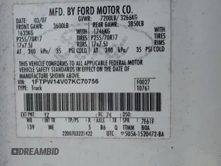 2007 Ford F-150 XLT with VIN 1FTPW14V07KC70756, listed as a Copart auction lot 57842875 with 188,998 mi miles and Clean title. Bid and sale history available at DreamBid. Image 12.