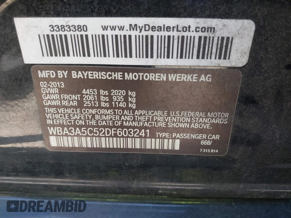 2013 BMW 3 Series 328i z VIN WBA3A5C52DF603241, wystawiony jako IAAI lot #42518837 z przebiegiem 107 281 mil mil oraz . Historia ofert i sprzedaży dostępna na DreamBid. Obrazek 9.