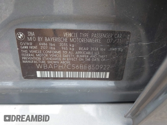 2011 BMW 3 Series 328i with VIN WBAPH7C56BE850922, listed as a IAAI auction lot 42294307 with 96,234 mi miles and . Bid and sale history available at DreamBid. Image 9.