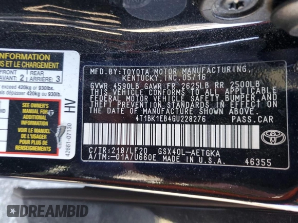 2016 Toyota Avalon Limited with VIN 4T1BK1EB4GU228276, listed as a Copart auction lot 48012315 with 166,692 mi miles and Salvage Title. Bid and sale history available at carsss.com. Image 15.
