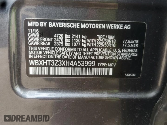 2017 BMW X1 xDrive28i with VIN WBXHT3Z3XH4A53999, listed as a Copart auction lot 60500265 with 43,377 mi miles and Salvage title. Bid and sale history available at DreamBid. Image 13.