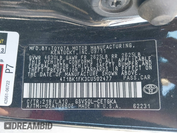 2012 Toyota Camry SE with VIN 4T1BK1FK3CU502477, listed as a IAAI auction lot 40921665 with 1 mi miles. Bid and sale history available at carsss.com. Image 9.