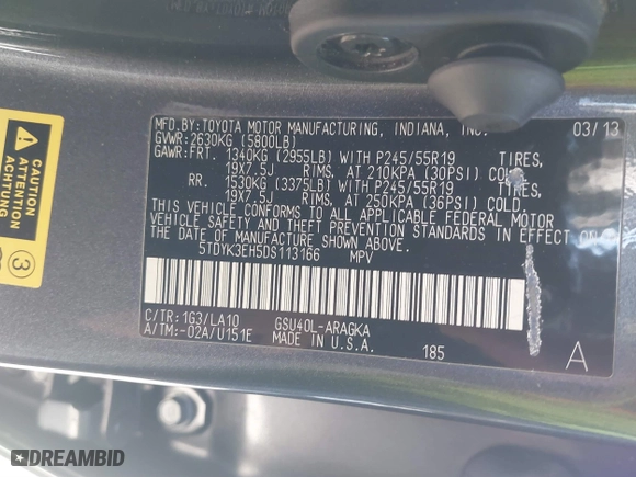 2013 Toyota Highlander Limited with VIN 5TDYK3EH5DS113166, listed as a IAAI auction lot 41791871 with 130,241 mi miles. Bid and sale history available at carsss.com. Image 9.