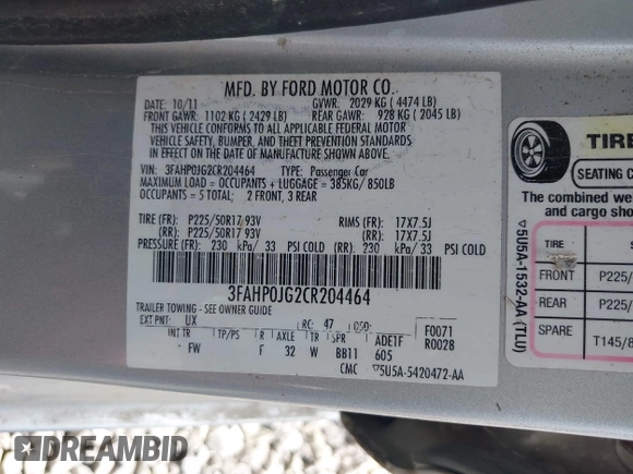 2012 Ford Fusion SEL with VIN 3FAHP0JG2CR204464, listed as a IAAI auction lot 42635728 with 152,251 mi miles and . Bid and sale history available at DreamBid. Image 9.