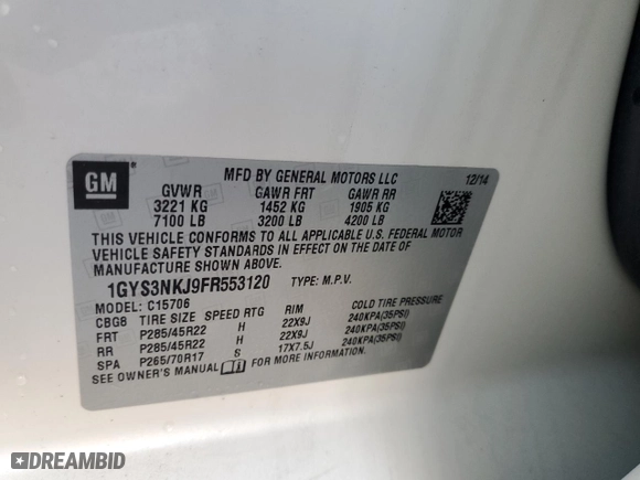 2015 Cadillac Escalade Premium with VIN 1GYS3NKJ9FR553120, listed as a Copart auction lot 45470515 with 100,082 mi miles and Salvage Title. Bid and sale history available at carsss.com. Image 15.