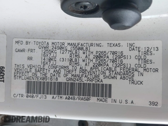 2014 Toyota Tacoma with VIN 5TFLU4EN7EX091618, listed as a IAAI auction lot 41774286 with Not Provided miles and . Bid and sale history available at DreamBid. Image 9.