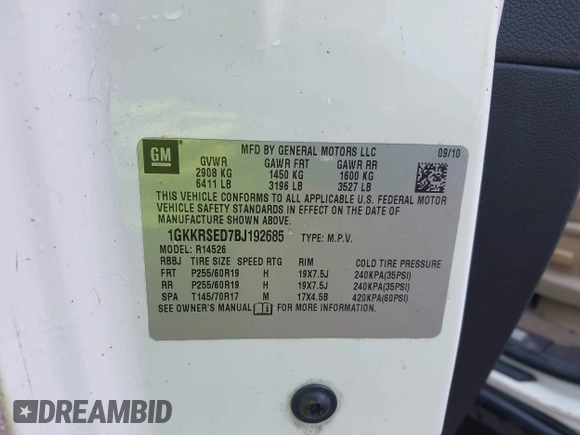 2011 GMC Acadia SLT2 with VIN 1GKKRSED7BJ192685, listed as a IAAI auction lot 42389225 with 329,734 mi miles and . Bid and sale history available at DreamBid. Image 9.
