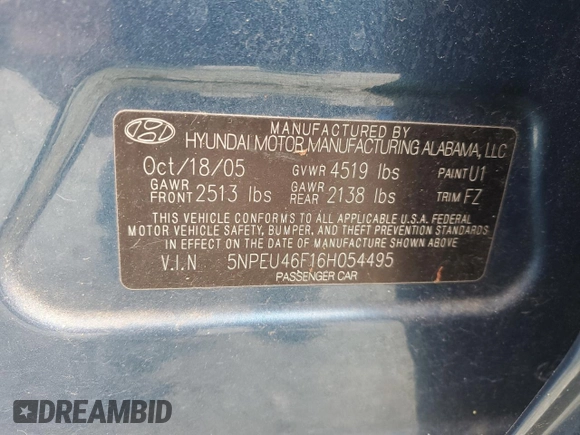 2006 Hyundai Sonata GLS with VIN 5NPEU46F16H054495, listed as a Copart auction lot 56177335 with 116,927 mi miles and Salvage Title. Bid and sale history available at DreamBid. Image 12.