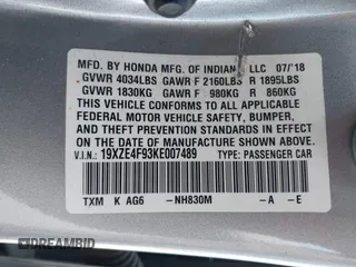 2019 Honda Insight Touring with VIN 19XZE4F93KE007489, listed as a IAAI auction lot 41943334 with 118,689 mi miles and . Bid and sale history available at DreamBid. Image 9.