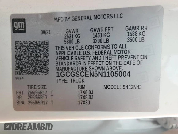 2022 Chevrolet Colorado 2WD LT with VIN 1GCGSCEN5N1105004, listed as a Copart auction lot 48079055 with 182,743 mi miles and Salvage title. Bid and sale history available at DreamBid. Image 12.