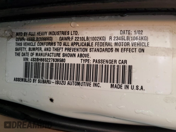 2002 Subaru Legacy Outback with VIN 4S3BH665227639580, listed as a Copart auction lot 88452215 with 233,088 mi miles and Salvage title. Bid and sale history available at DreamBid. Image 13.