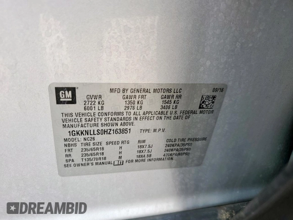 2017 GMC Acadia SLE z VIN 1GKKNLLS0HZ163851, wystawiony jako Copart lot #56928015 z przebiegiem 118 424 mil mil oraz Czysty tytuł • Clean title. Historia ofert i sprzedaży dostępna na DreamBid. Obrazek 12.